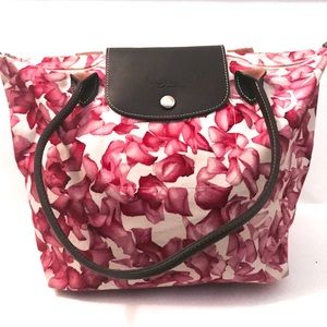 Longchamp Medium Pink and White Floral Cloth Tote